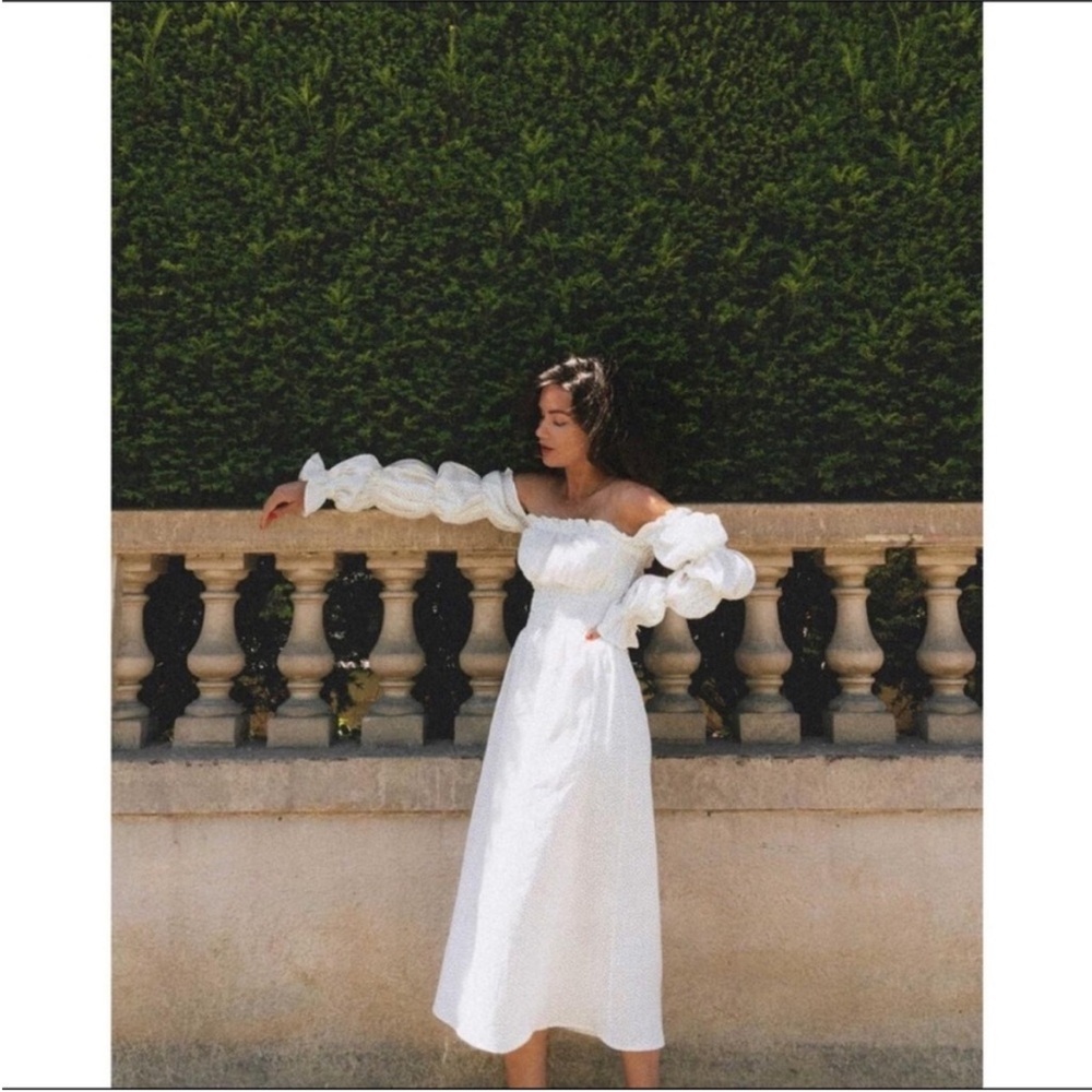 Michelin Sleeper Linen White Off-Shoulder Midi Dress